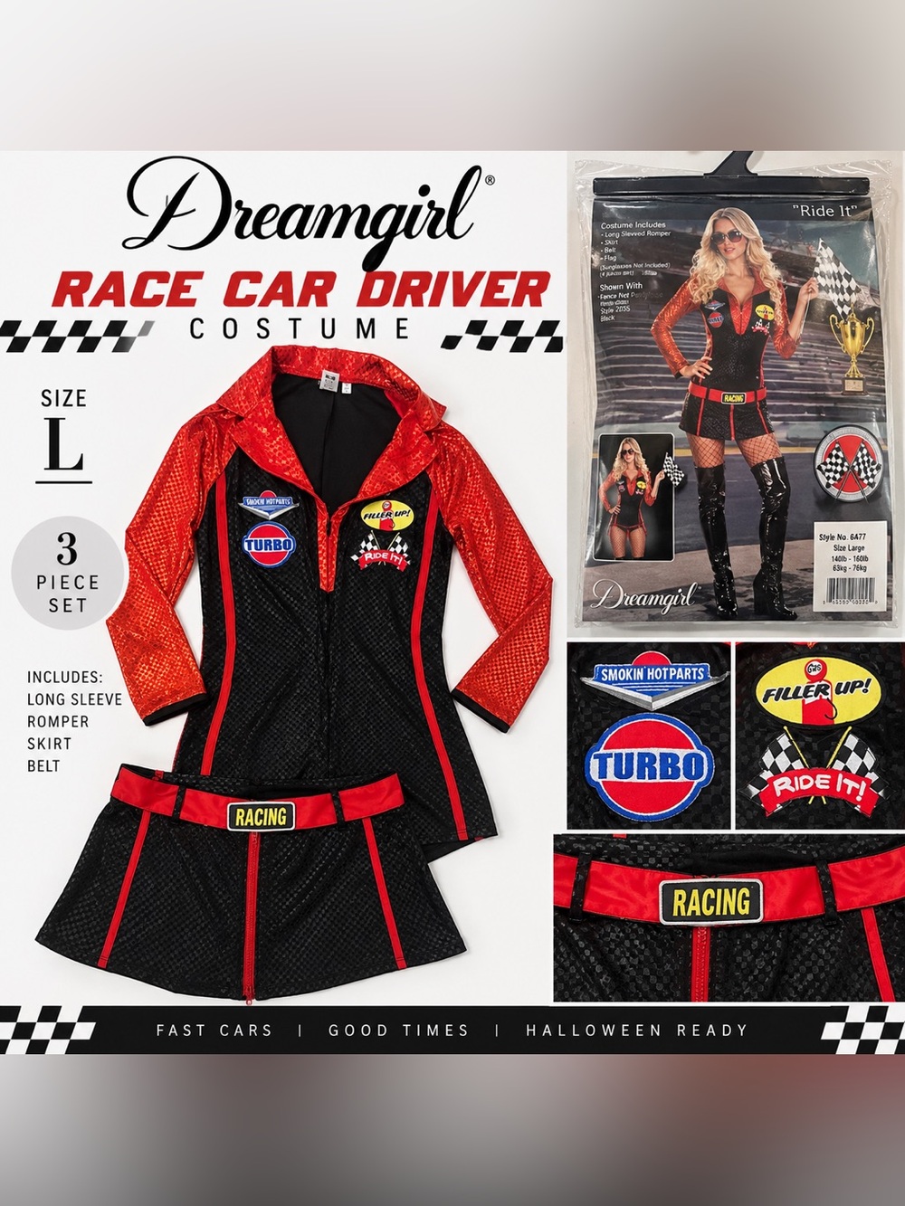 Dreamgirl Race Car Driver Costume Size Large 3 Piece Set
